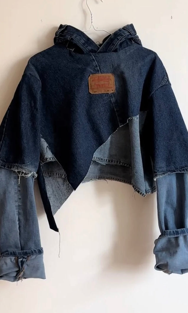 Irregular Denim Patchwork Cropped Hoodie