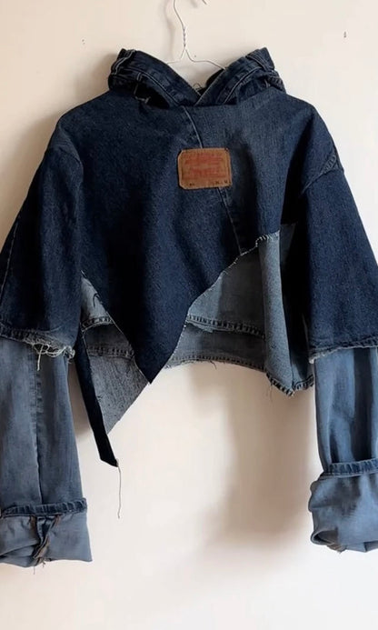 Irregular Denim Patchwork Cropped Hoodie