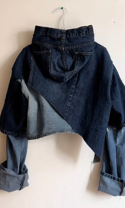 Irregular Denim Patchwork Cropped Hoodie