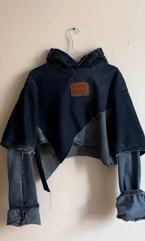 Irregular Denim Patchwork Cropped Hoodie