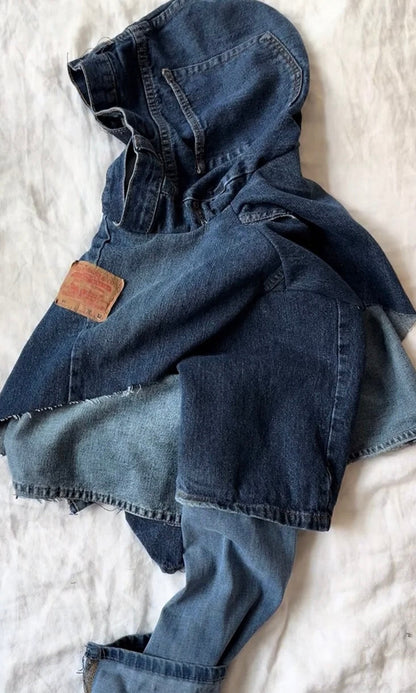 Irregular Denim Patchwork Cropped Hoodie