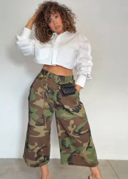 Commando Camo Pants + White Cropped Blouse
