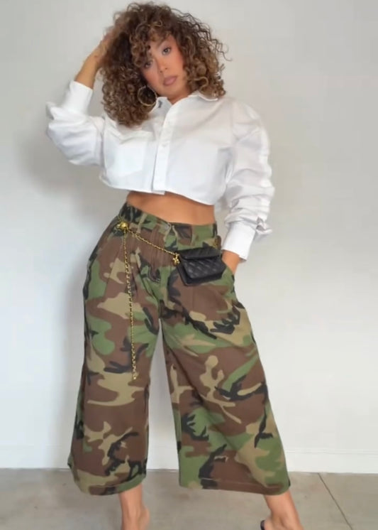 Commando Camo Pants + White Cropped Blouse