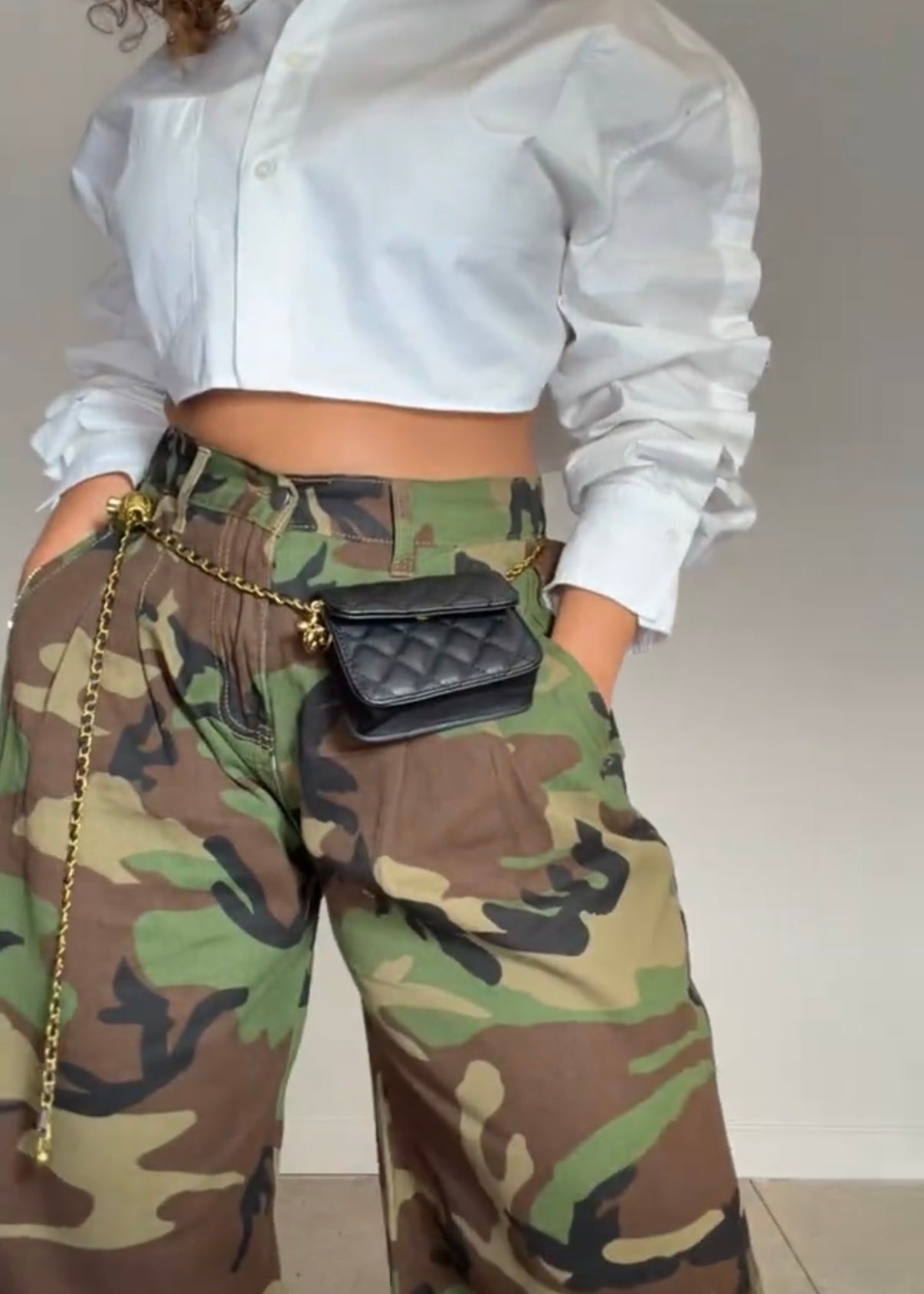 Commando Camo Pants + White Cropped Blouse