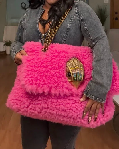 Pink lamb wool oversized leather bag