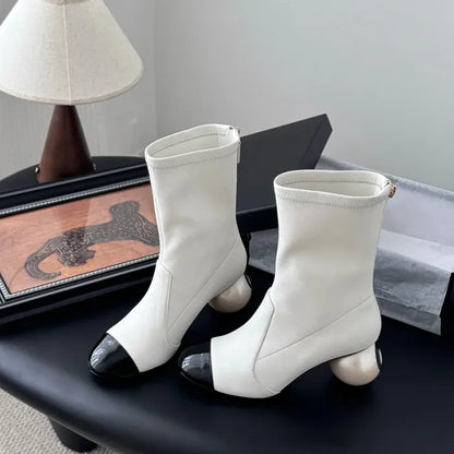 Women's color-blocked pearl ball heel elastic skinny boots