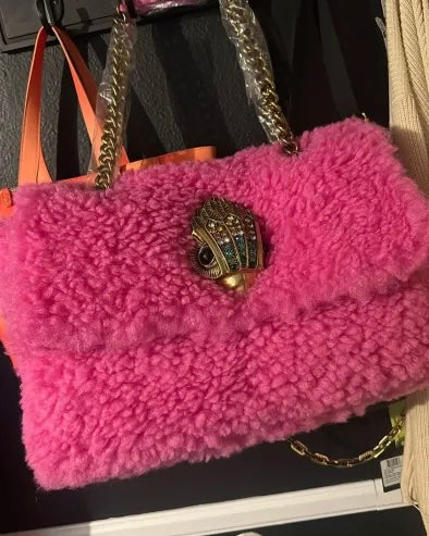 Pink lamb wool oversized leather bag