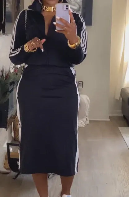 Stand collar jacket + high waist skirt sports suit