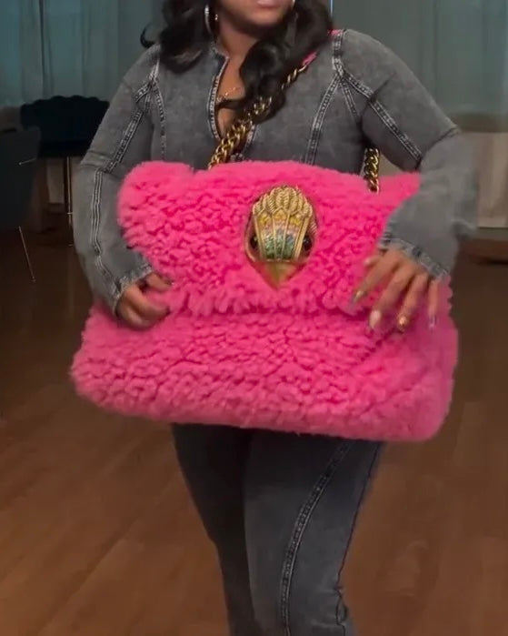 Pink lamb wool oversized leather bag