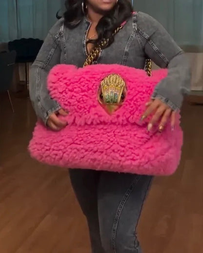 Pink lamb wool oversized leather bag