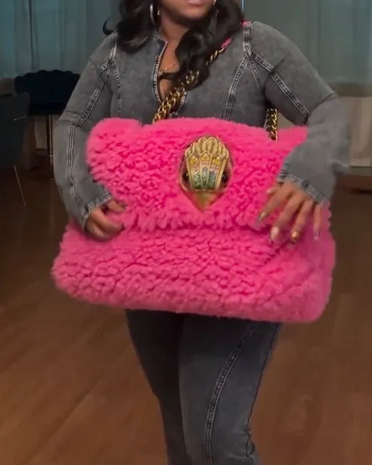 Pink lamb wool oversized leather bag