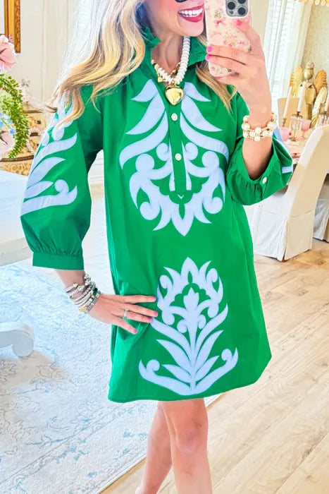 3/4 Sleeves Blue Contrast Printed Pocket Dress